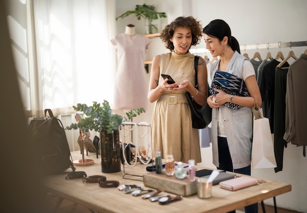 Customers are choosing stuff in a clothe shop