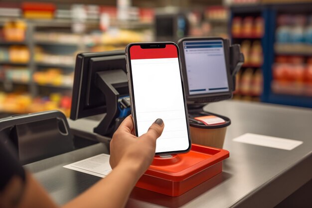 Customers hand holding smartphone with blank screen for mobile payment with pos terminal in background