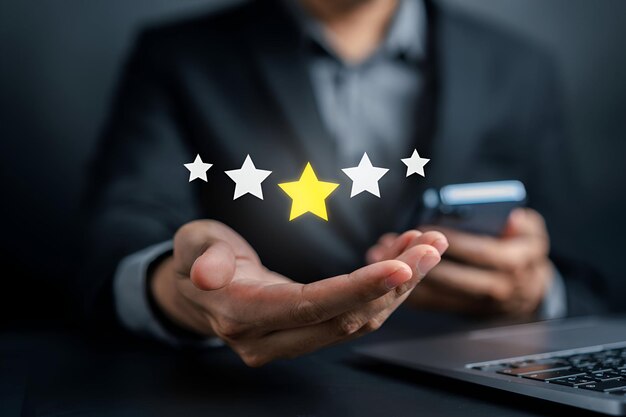 Photo customers rate service of businessmen choose to rate 5 stars using smart phone and give five star symbol excellent rating