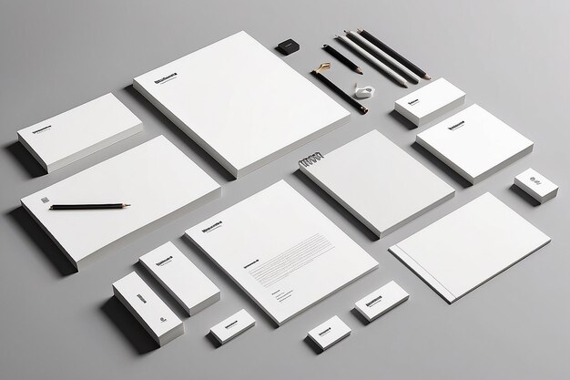 Photo customizable stationery set mockup showcase brand identity on empty white backgrounds