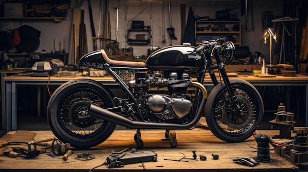 Photo customize an old school cafe racer motorcycle in a home workshop