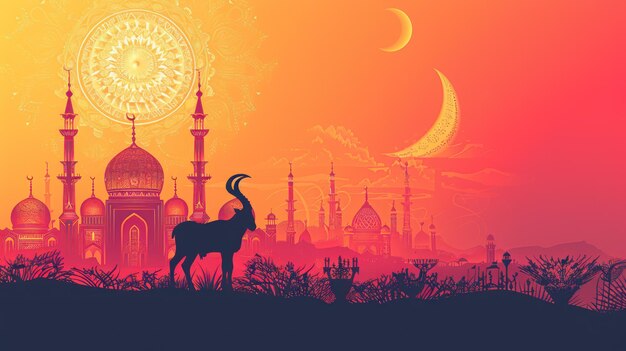 Photo customize your eid al adha greetings with this majestic goat design ornamental mosque silhouette