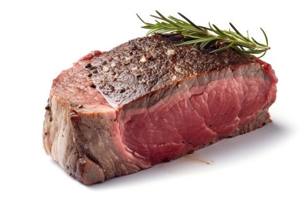 A cut of beef with a sprig of rosemary on the top.