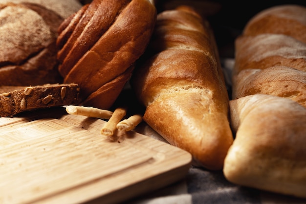 Cut bread assortment for a background close up