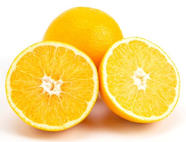 Cut citrus fruit of orange on white background. Healthy and vitamin food