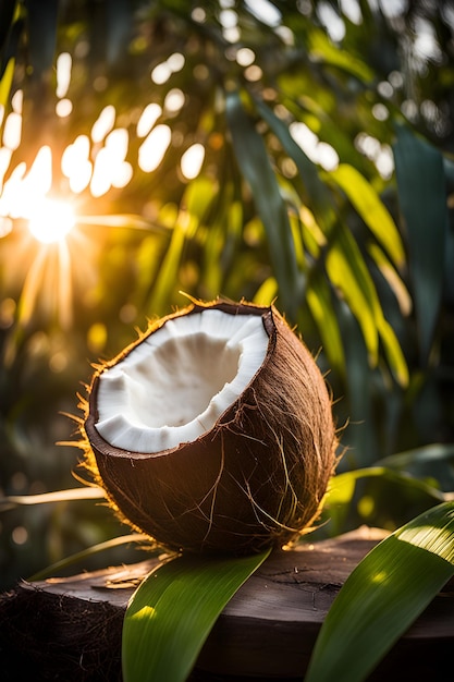 cut coconut on a table in the garden close up