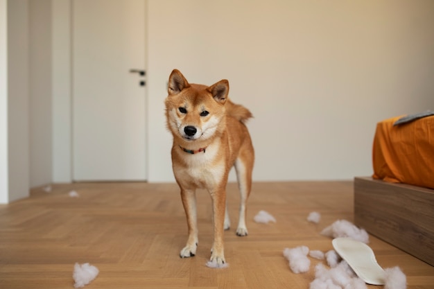 Foto tagliare il cane in piedi sul pavimento