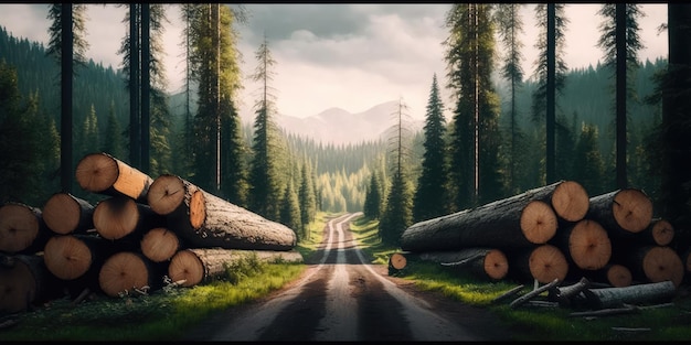 Cut down tree logs by the road in the forest