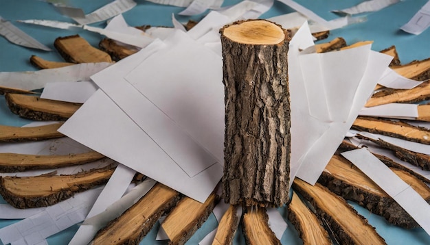 cut down tree wood on a forest surrounded by sheet papers and pieces of wood