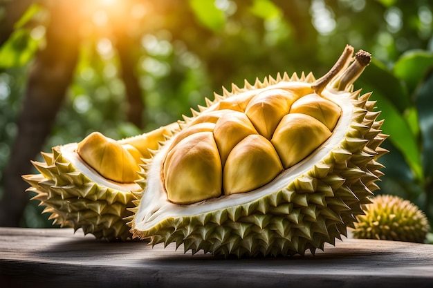 cut durian fruit on a table in the garden