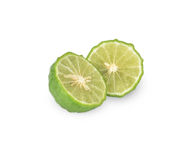 흰색 절연 신선한 Bergamot 과일의 절반으로 잘라