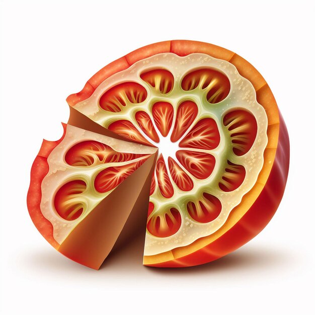 A cut in half of a fruit with a slice cut out of it.
