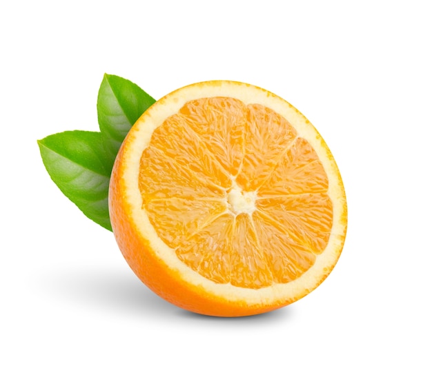 Cut into half oranges with green  leafs isolated