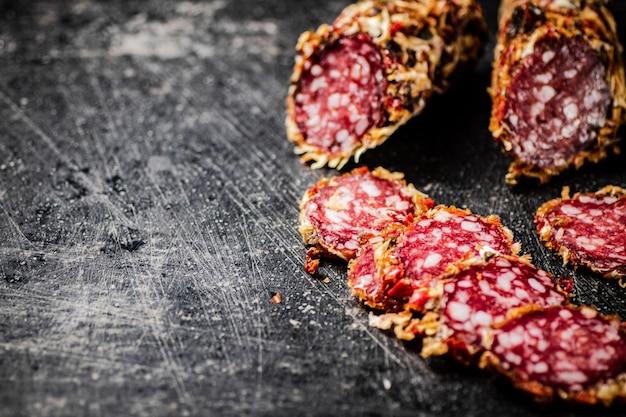 Cut into round pieces of salami sausage