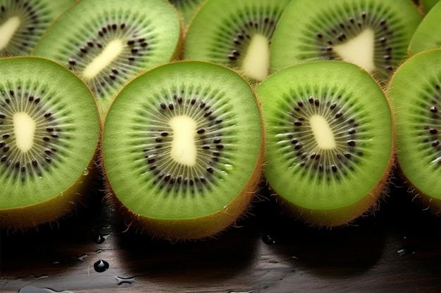 Cut kiwis split open to unveil their succulent green centers