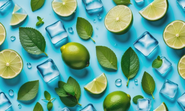 Photo cut limes mint leaves ice cubes and water drops