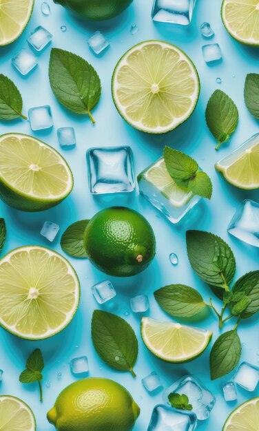 Foto lime tagliati foglie di menta cubetti di ghiaccio e gocce d'acqua