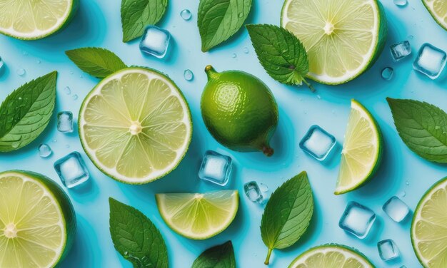 cut limes mint leaves ice cubes and water drops