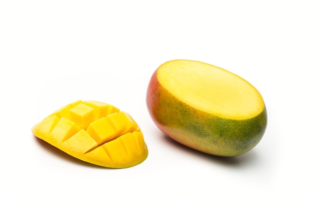 A cut mango fruit isolated on a white background