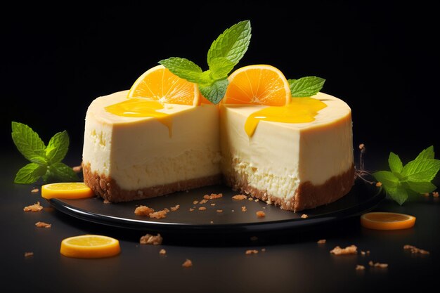 Cut orange cheesecake with a smooth creamy texture garnished with a fresh mint leaf and orange slice