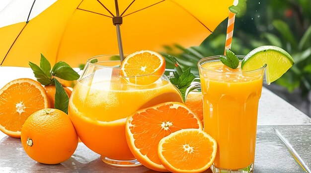 Cut orange fruit and juice with umbrella