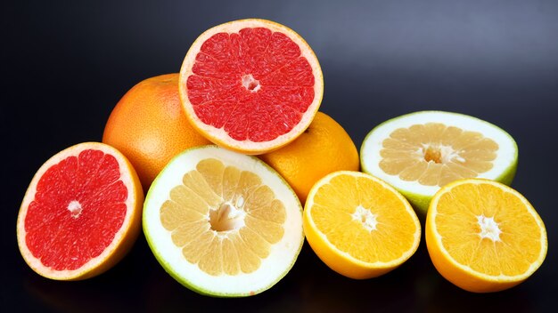 Cut orange, lemon and grapefruit on dark