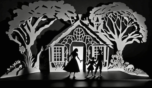 A cut out of a house with a silhouette of a family.