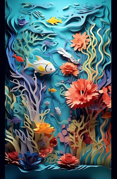 A cut out of paper with fish and flowers.