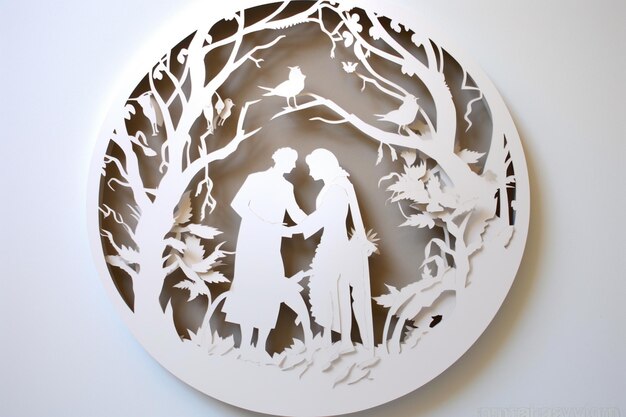 A cut out of paper with a silhouette of a couple under a tree with birds on it.