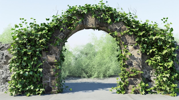 Cut out stone arch covered with ivy Entrance gate of fantasy fairy tale forest Generative Ai