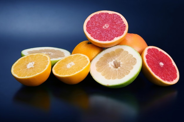 Cut pieces of different citrus fruits on dark 