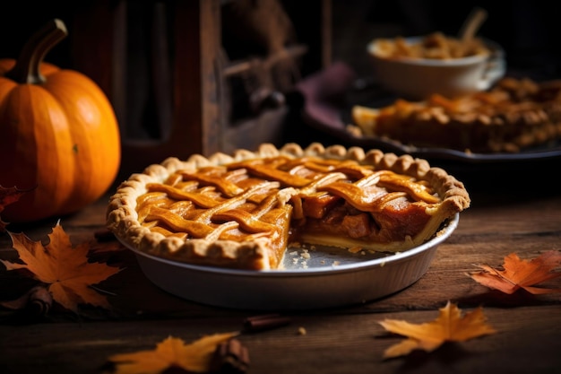 Cut pumpkin pie revealing a rich golden spiced filling is elegantly served on a rustic wooden table