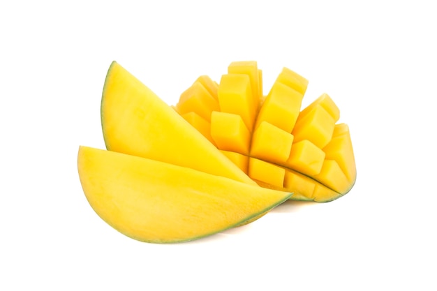 Cut ripe mango with two pieces isolated on white background, closeup