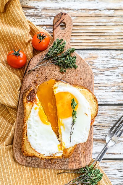 Cut sandwich Croque Madame. French cuisine. White background. Top view.