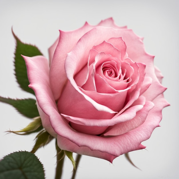 Cut single Pink rose in full bloom against a white background
