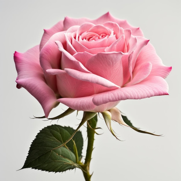 Cut single Pink rose in full bloom against a white background