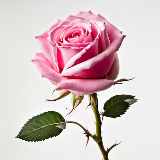 Одинокая розовая роза в полном цвете на белом фоне