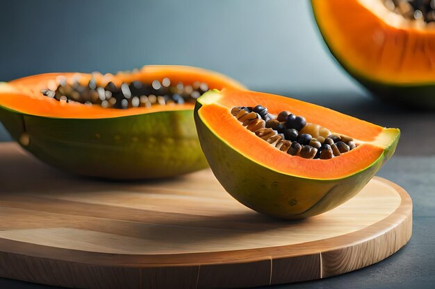 a cut up of melon with seeds on a cutting board