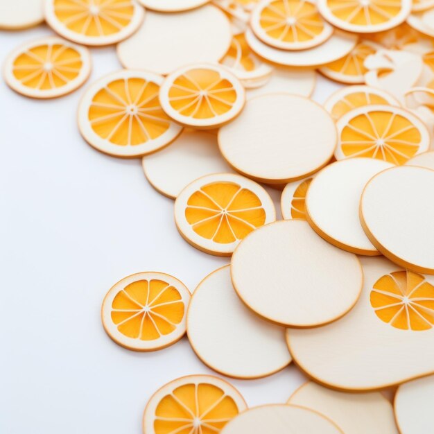 Photo cut up pieces of orange on a white mat back button focus light yellow and white focus stacking