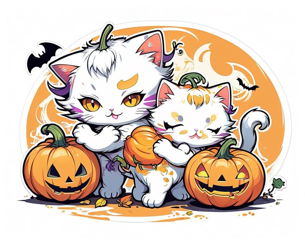 Photo cut white kittens with halloween pumpkins