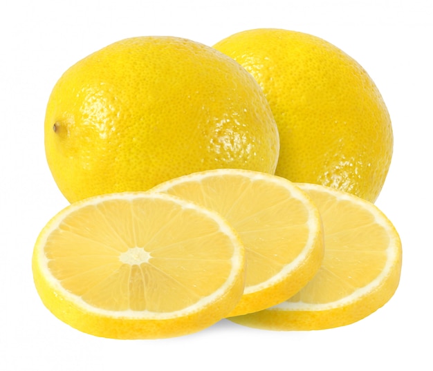 Cut and whole lemon fruits isolated on white background with clipping path