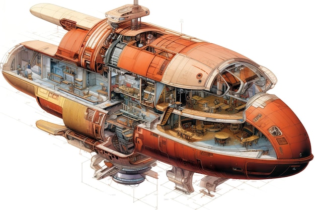 A cutaway of a space ship on a white background generative ai image