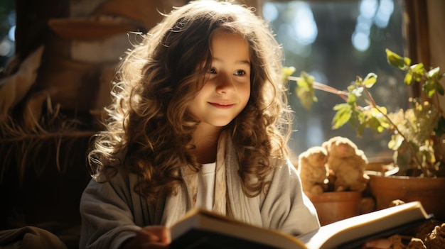 Photo cute 10yearold girl with curly hair smiling in a photo generated by ai