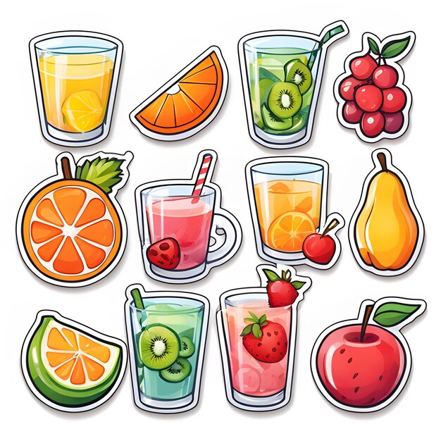 Cute 2d mixed fruit stickers vector illustration