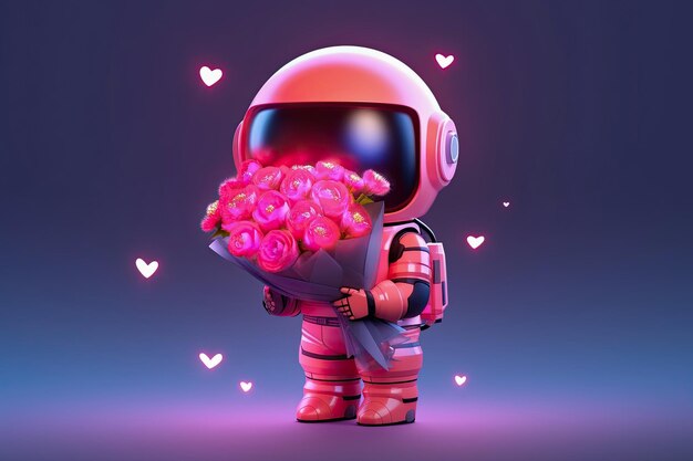 cute 3d astronaut in shiny suit with helmet brings roses for Valentine39s Day and Mother39s Day