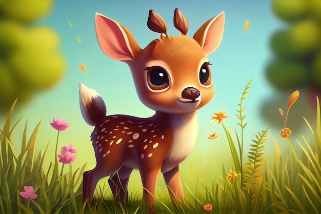 Cute 3d Cartoon Baby Deer in a Spring Meadow