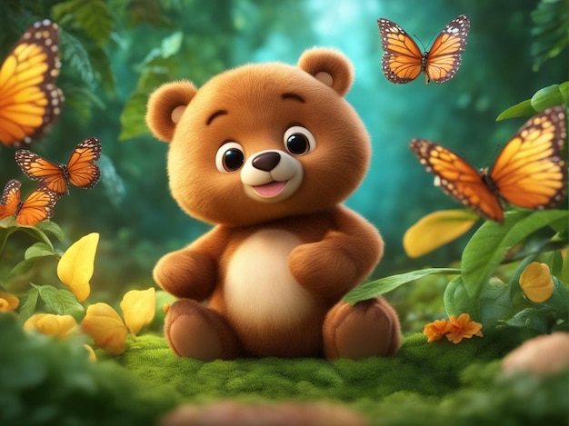 Foto un adorabile orso dei cartoni animati 3d che gioca con una farfalla colorata impostata sullo sfondo della giungla sfocata