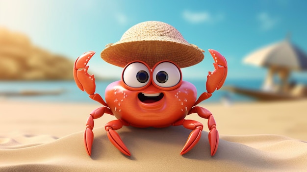 Cute 3d cartoon crab wearing a tiny beach hat