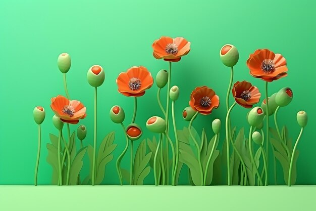 Cute 3d cartoon of funny poppies in a green garden