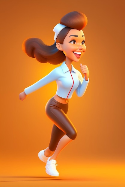 Cute 3d cartoon jogging exercise on yellow background